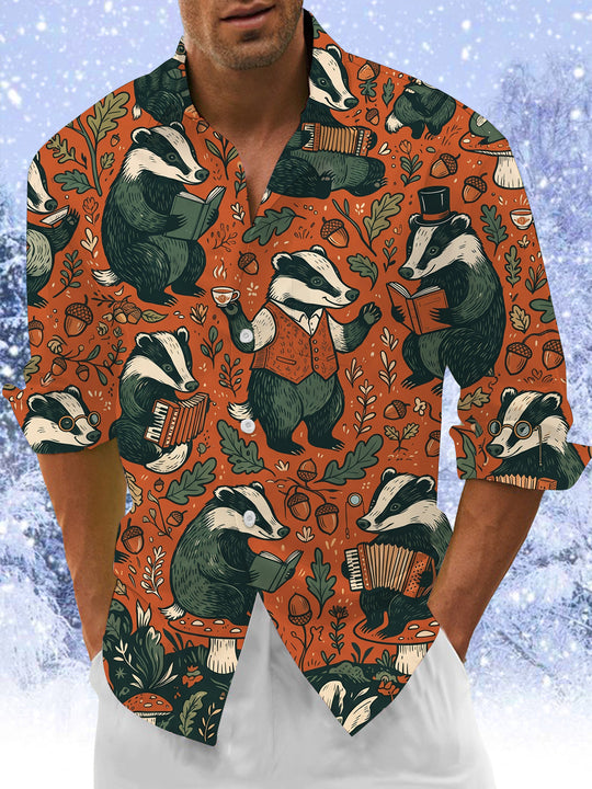 Adaychic Men's Long Sleeve Shirt - Vintage Gentleman Badgers With Forest Elements Print with Chest Pocket