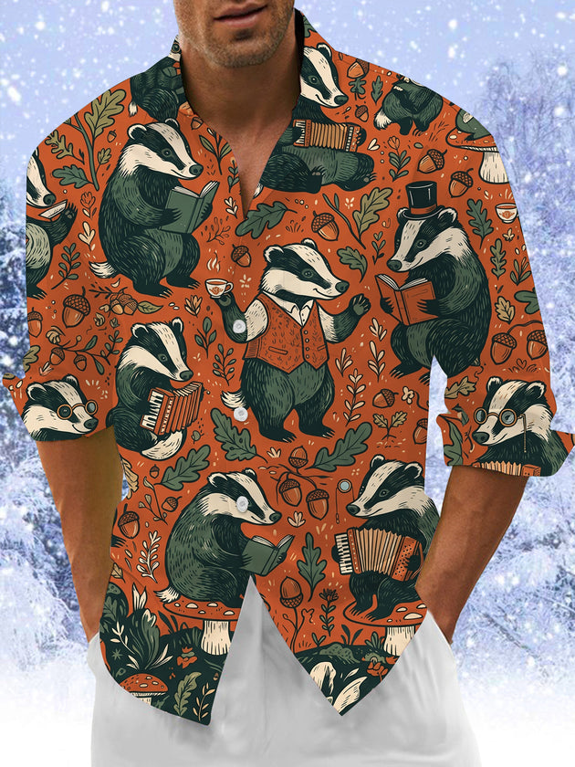 Adaychic Men's Long Sleeve Shirt - Vintage Gentleman Badgers With Forest Elements Print with Chest Pocket