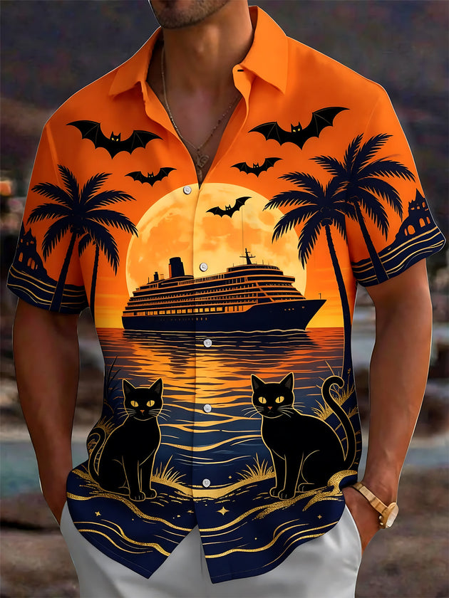 Adaychic Men's Short Sleeve Shirt - Halloween Black Cats And Bats With Cruise Ship Print with Chest Pocket