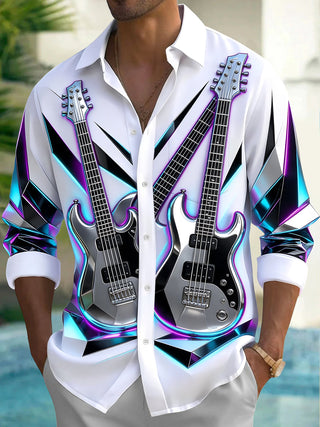 Adaychic Men's Long Sleeve Shirt - Electric Guitars With Neon Geometric Background Print with Chest Pocket