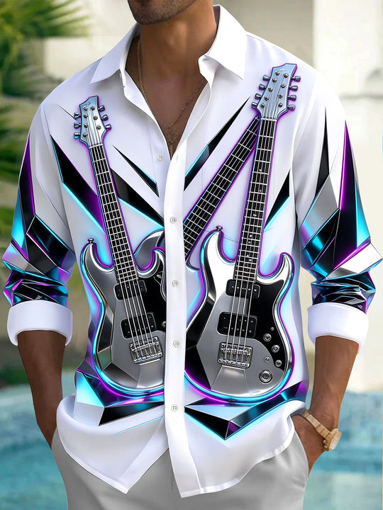 Adaychic Men's Long Sleeve Shirt - Electric Guitars With Neon Geometric Background Print with Chest Pocket