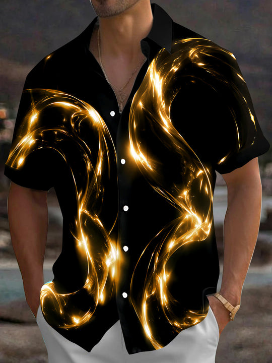 Adaychic Men's Patterned Abstract Golden Swirls Print Short Sleeve Shirt with Chest Pocket
