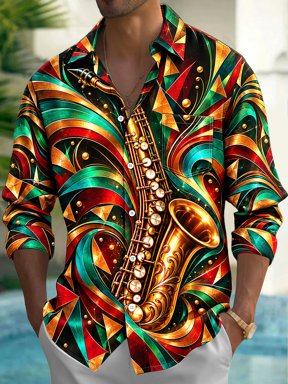 Adaychic Men's Long Sleeve Shirt - Saxophone And Abstract Geometric Patterns Print with Chest Pocket