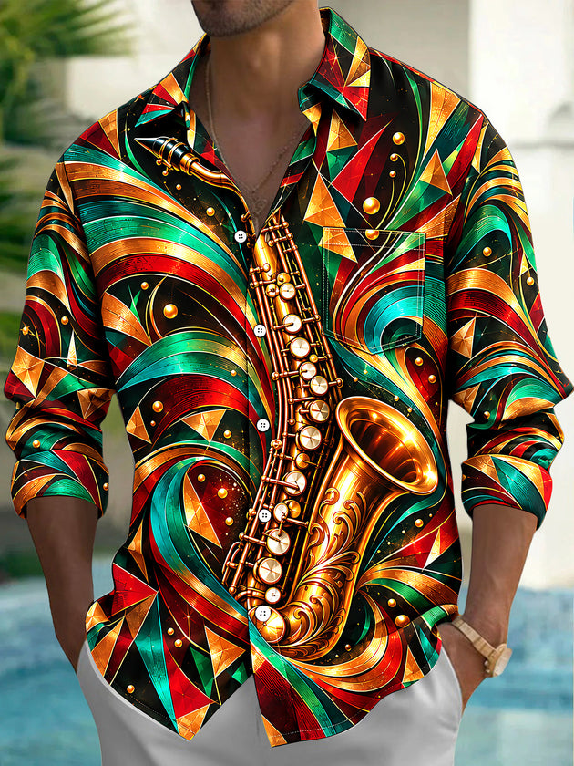 Adaychic Men's Long Sleeve Shirt - Saxophone And Abstract Geometric Patterns Print with Chest Pocket