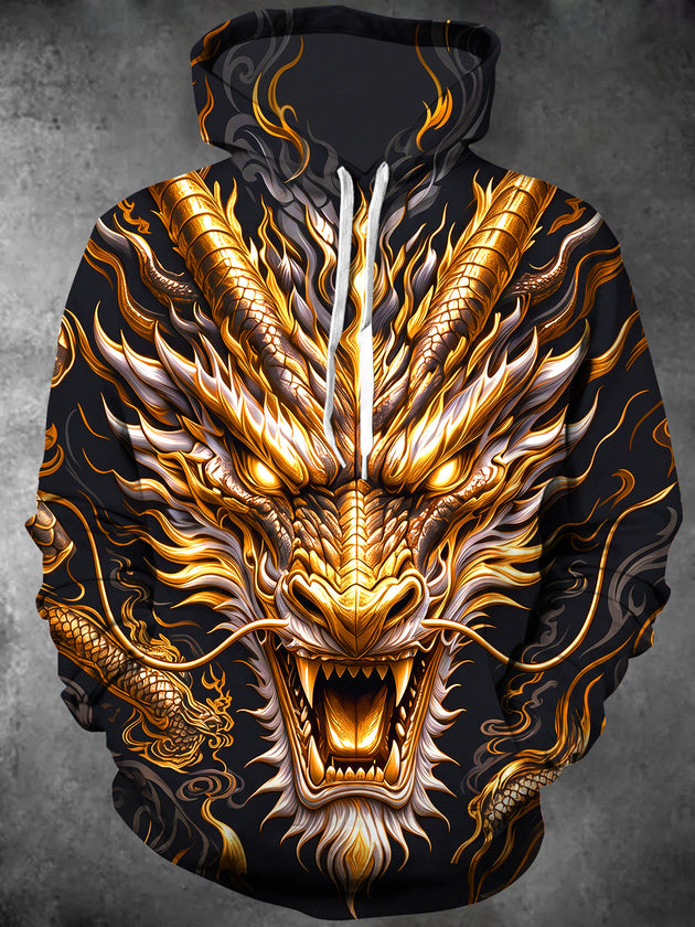 Adaychic Men's Graphic Golden Oriental Dragon Face Print Long Sleeve Hoodie