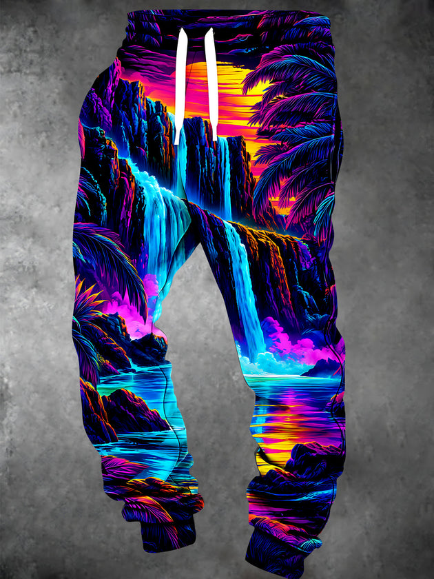 Adaychic Men's Tropical Neon Waterfall And Palm Trees Print Pants