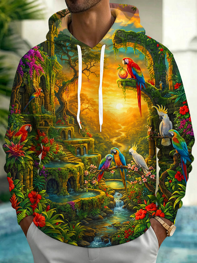 Adaychic Men's Graphic Parrots And Ancient Ruins Print Long Sleeve Hoodie
