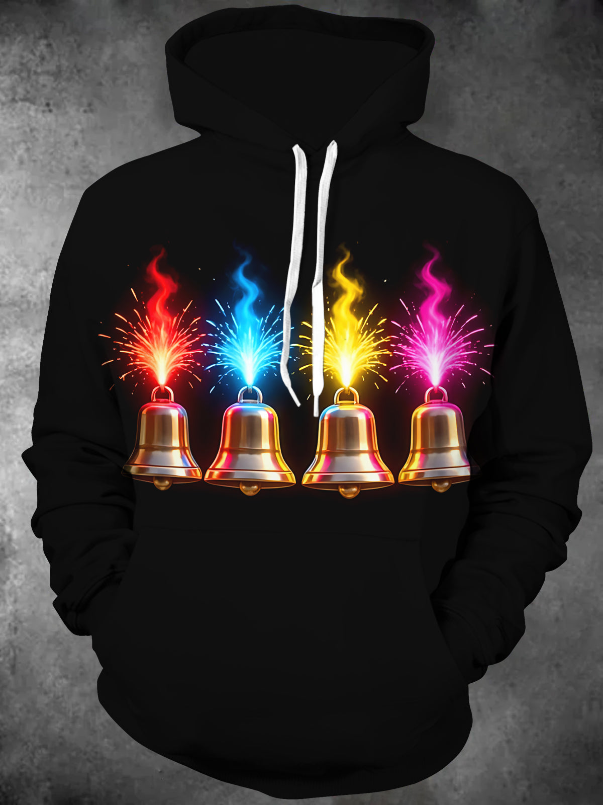 Adaychic Men's Graphic Christmas Bells With Fireworks Print Long Sleeve Hoodie