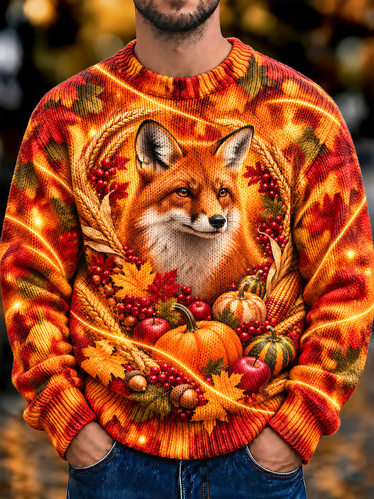 Adaychic Men's Long Sleeve Crew Neck Sweater - Thanksgiving Day Autumn Fox With Pumpkins And Berries Print