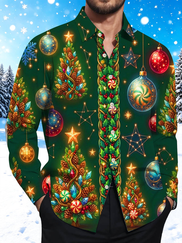 Adaychic Men's Graphic Christmas Trees And Ornaments Print Long Sleeve Shirt with Chest Pocket