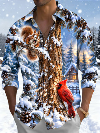 Adaychic Men's Graphic Winter Snowy Forest Print Long Sleeve Shirt with Chest Pocket