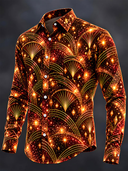 Adaychic Men's Long Sleeve Shirt - Art Deco Geometric Fan Patterns And Sparkles Print with Chest Pocket