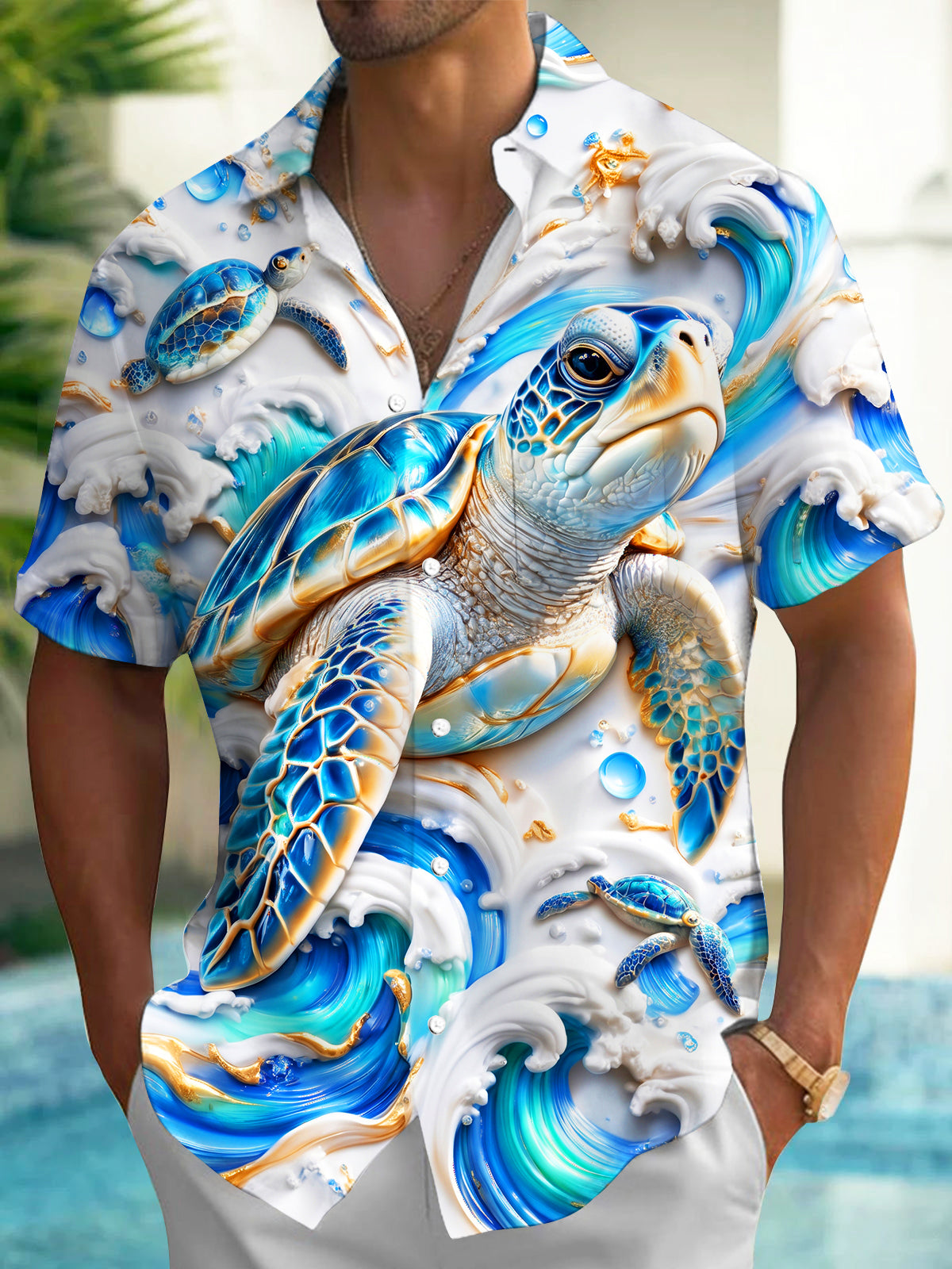Adaychic Men's Hawaiian Sea Turtle And Ocean Waves Print Short Sleeve Shirt with Chest Pocket