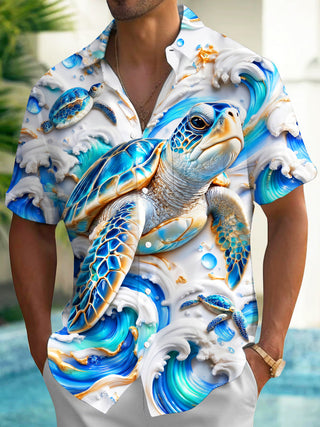Adaychic Men's Hawaiian Sea Turtle And Ocean Waves Print Short Sleeve Shirt with Chest Pocket
