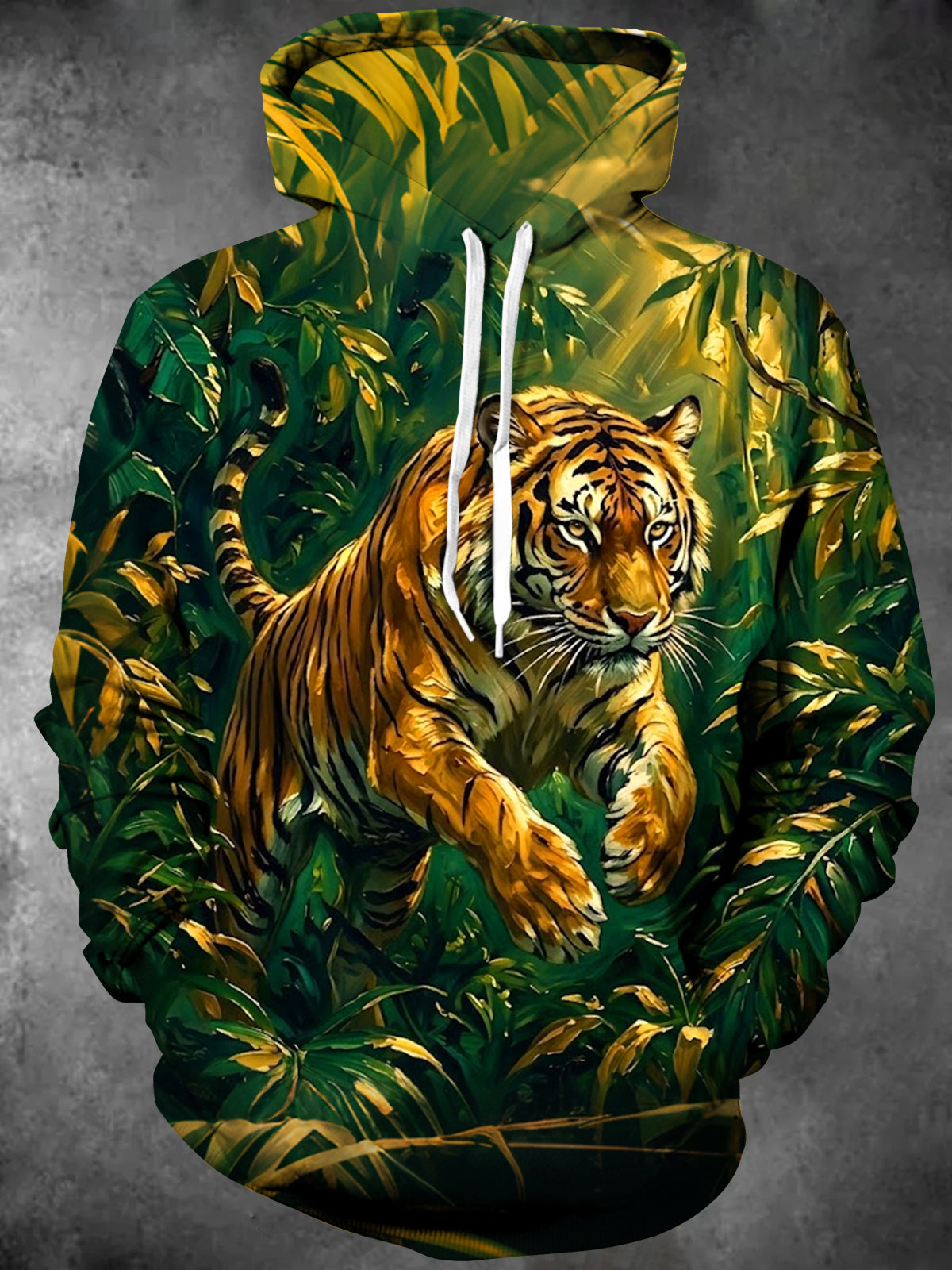 Adaychic Men's Graphic Tiger In Jungle Foliage Print Long Sleeve Hoodie
