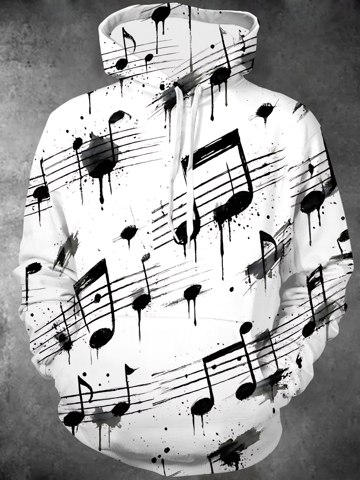 Adaychic Men's Long Sleeve Hoodie - Musical Notes And Staves With Ink Splatters Print