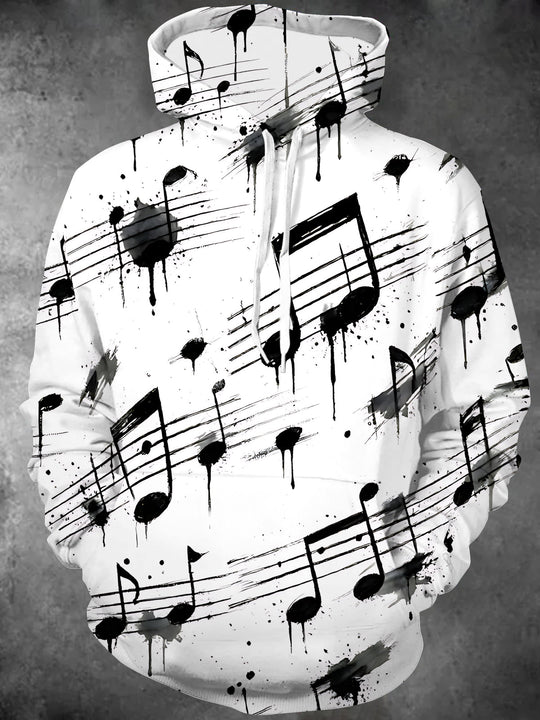 Adaychic Men's Long Sleeve Hoodie - Musical Notes And Staves With Ink Splatters Print