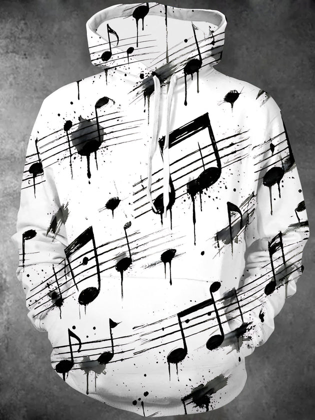 Adaychic Men's Long Sleeve Hoodie - Musical Notes And Staves With Ink Splatters Print