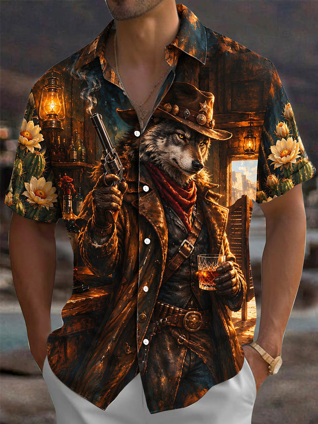 Adaychic Men's Short Sleeve Shirt - Western Wolf Cowboy With Revolver And Whiskey Print with Chest Pocket