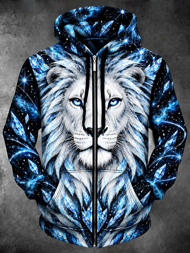 Adaychic Men's Long Sleeve Zip-Up Hoodie - Lion Face With Crystal Geometric Patterns Print with Kangaroo Pocket