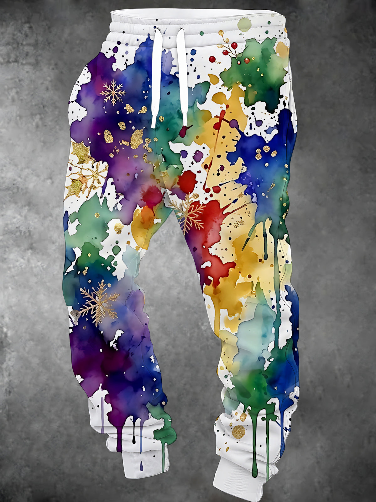 Adaychic Men's Printed Watercolor Splashes And Snowflakes Print Pants