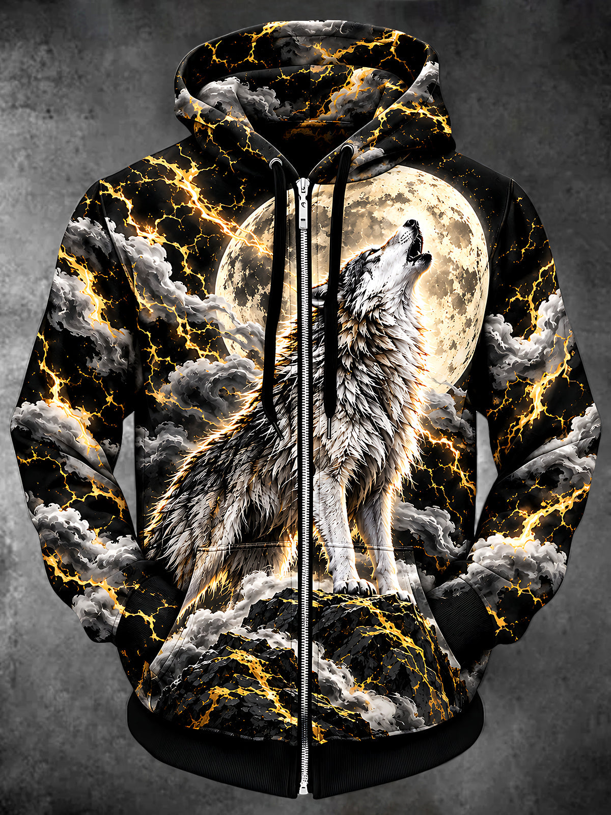 Adaychic Men's Howling Wolf And Full Moon Print Long Sleeve Zip-Up Hoodie
