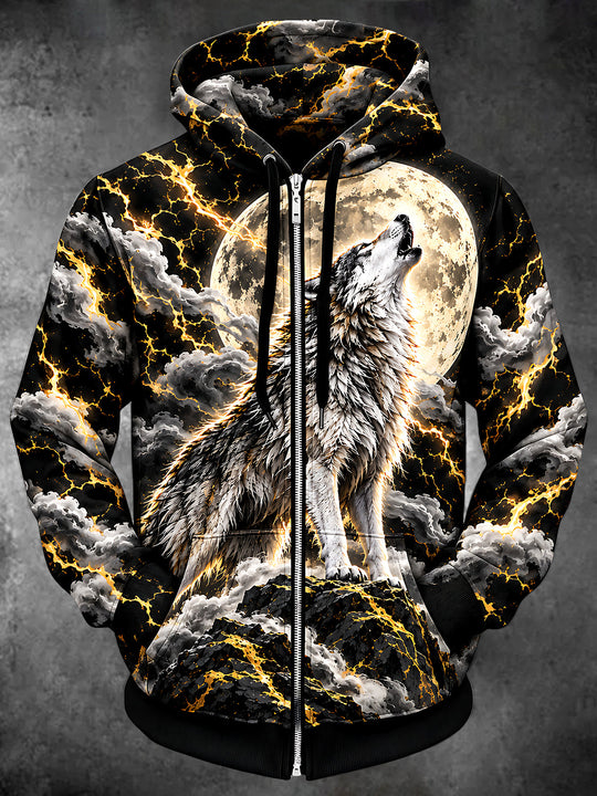 Adaychic Men's Howling Wolf And Full Moon Print Long Sleeve Zip-Up Hoodie