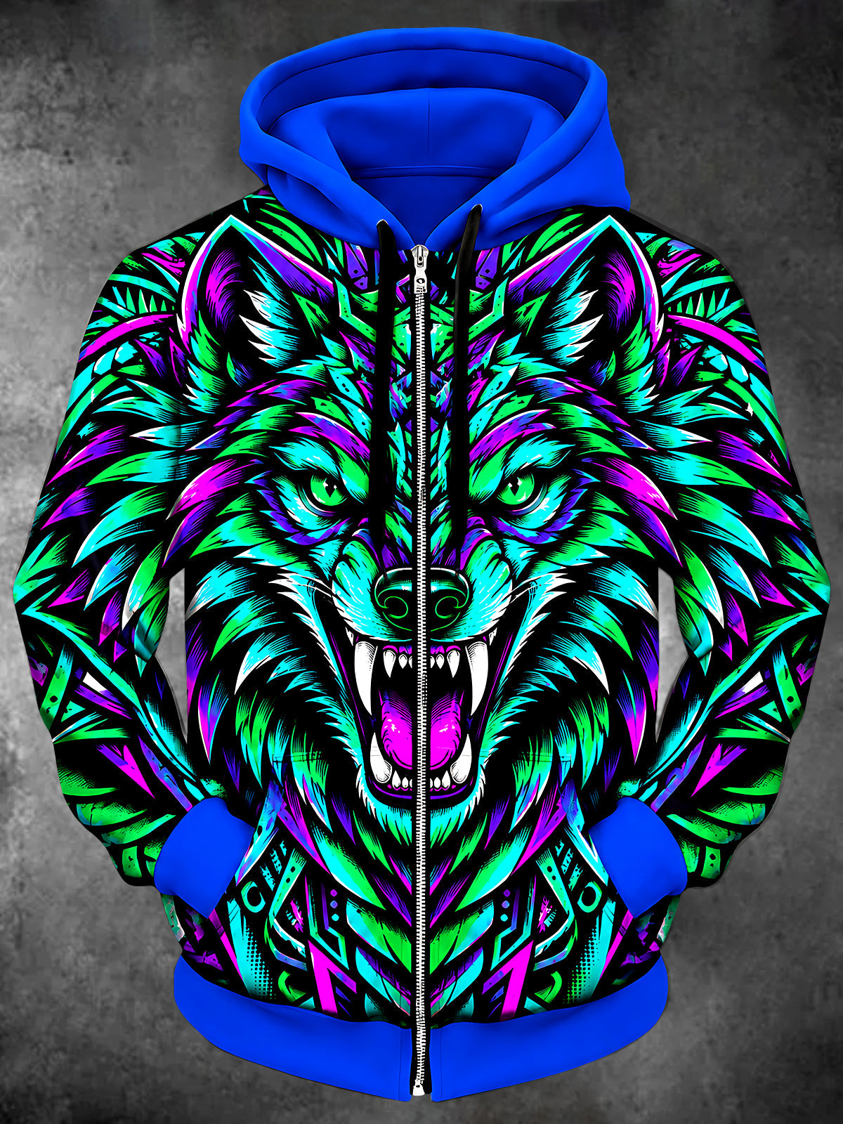 Adaychic Men's Graphic Neon Wolf Head Print Long Sleeve Zip-Up Hoodie