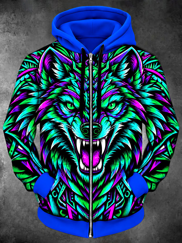Adaychic Men's Graphic Neon Wolf Head Print Long Sleeve Zip-Up Hoodie