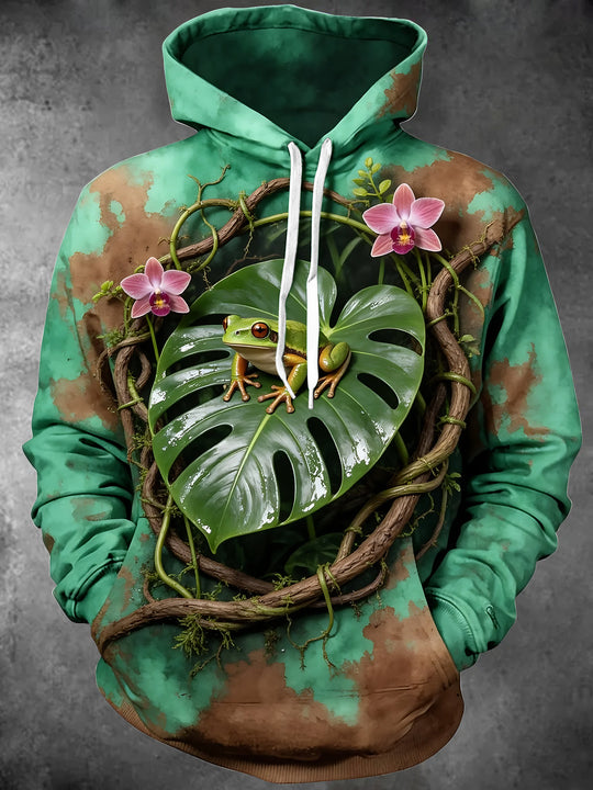 Adaychic Men's Rainforest Tree Frog On Monstera Leaf Print Long Sleeve Hoodie