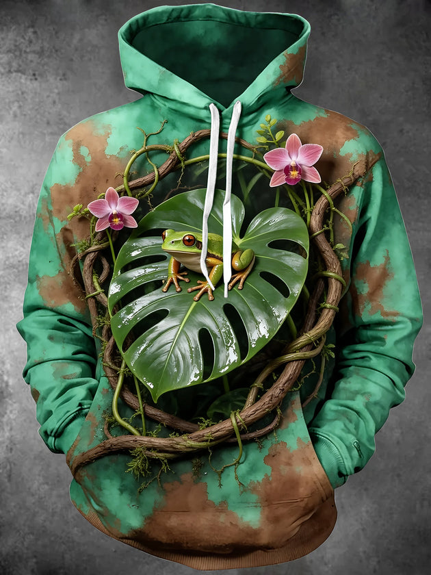 Adaychic Men's Rainforest Tree Frog On Monstera Leaf Print Long Sleeve Hoodie