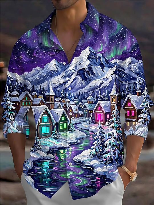 Adaychic Men's Long Sleeve Shirt - Snowy Mountain Village With Aurora Borealis Print with Chest Pocket