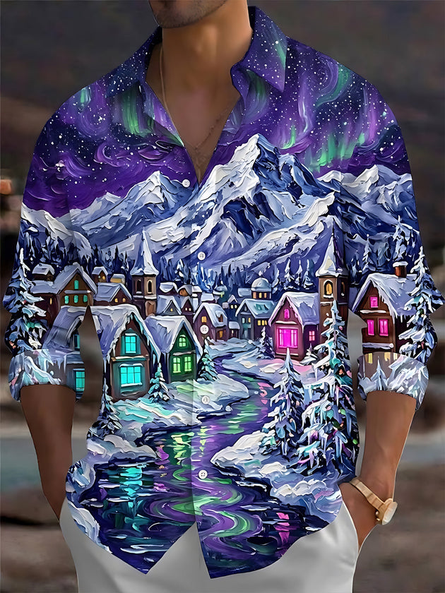 Adaychic Men's Long Sleeve Shirt - Snowy Mountain Village With Aurora Borealis Print with Chest Pocket