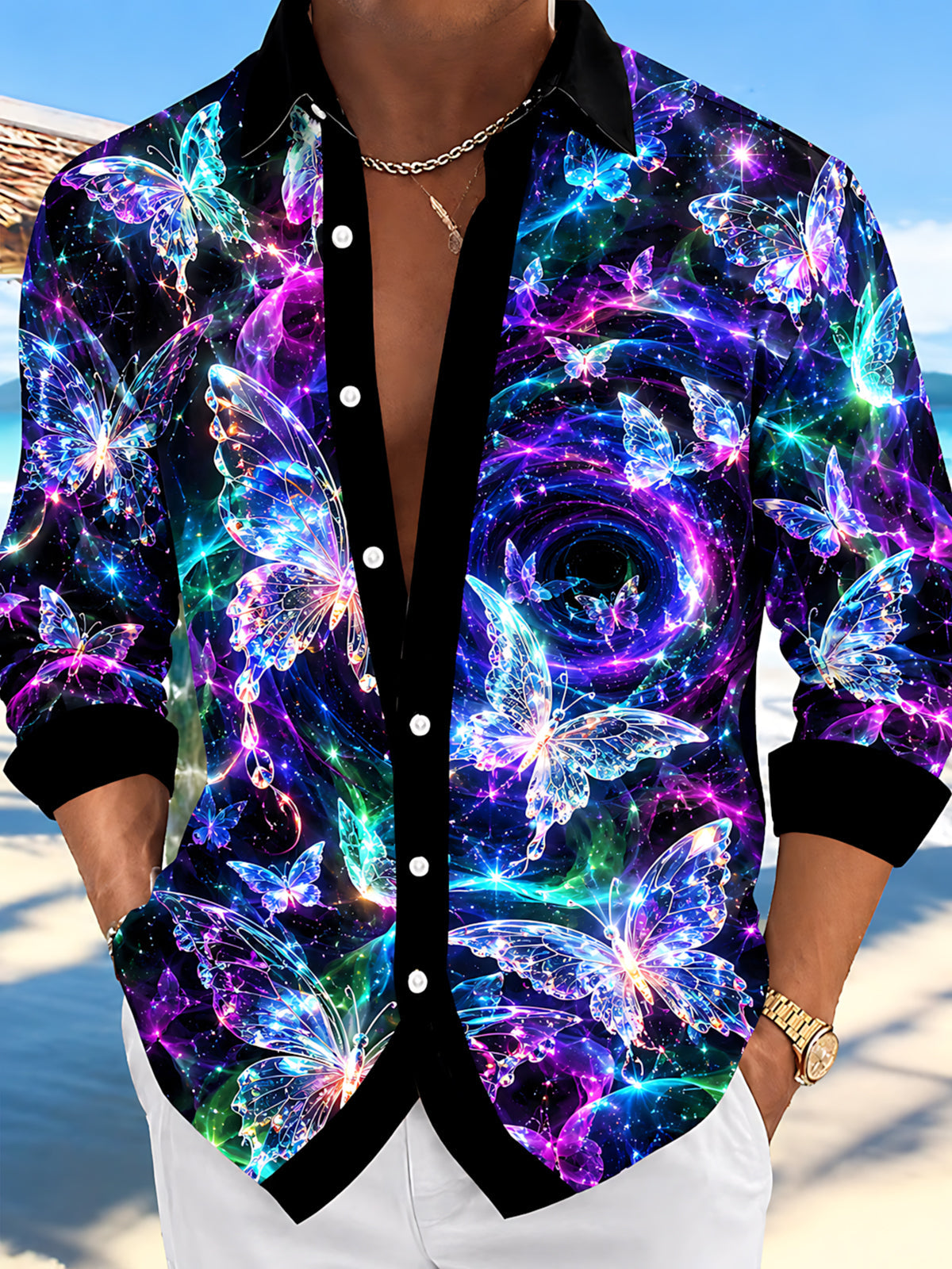 Adaychic Men's Printed Neon Butterfly And Galaxy Swirl Print Long Sleeve Shirt with Chest Pocket