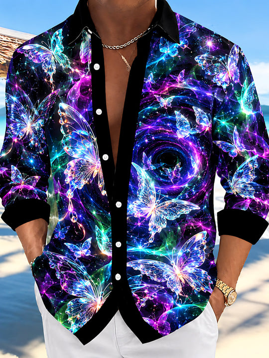 Adaychic Men's Printed Neon Butterfly And Galaxy Swirl Print Long Sleeve Shirt with Chest Pocket