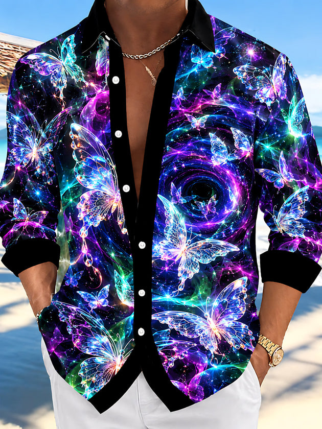 Adaychic Men's Printed Neon Butterfly And Galaxy Swirl Print Long Sleeve Shirt with Chest Pocket