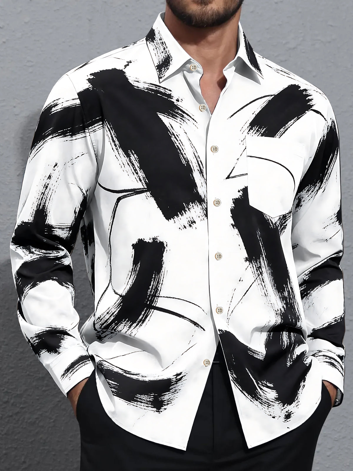 Adaychic Men's Printed Abstract Black Brushstrokes Print Long Sleeve Shirt with Chest Pocket