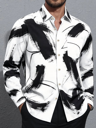 Adaychic Men's Printed Abstract Black Brushstrokes Print Long Sleeve Shirt with Chest Pocket