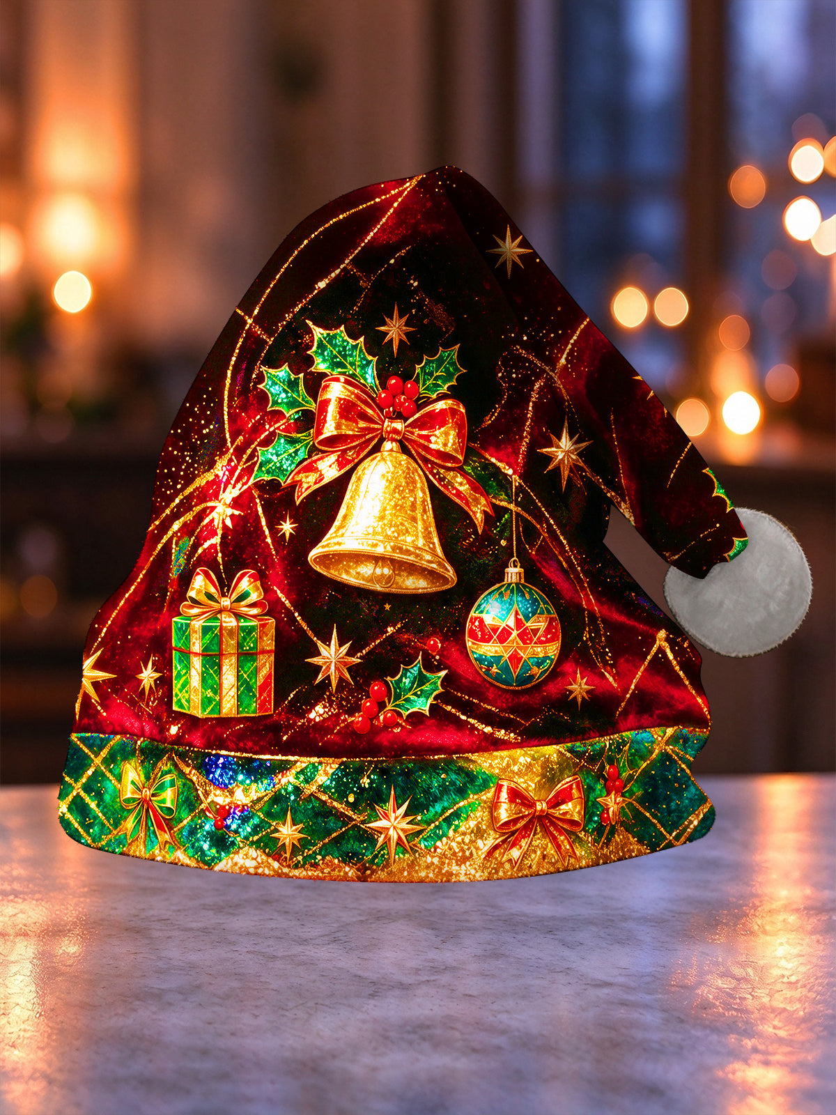 Adaychic Men's Printed Christmas Golden Bell With Holly And Bow Print Hat