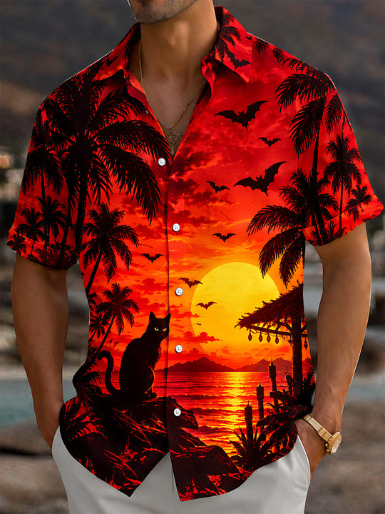Adaychic Men's Short Sleeve Shirt - Halloween Black Cat And Bats Over Sunset Palm Trees Print with Chest Pocket