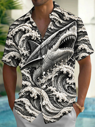 Adaychic Men's Hawaiian Shark And Ocean Waves Print Short Sleeve Shirt with Chest Pocket
