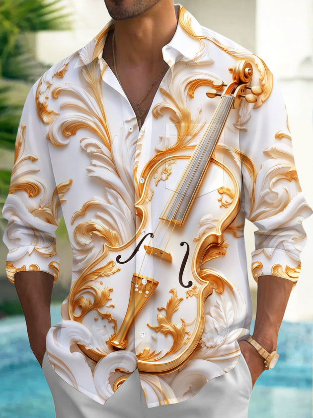 Adaychic Men's Gilded Carved Violin With Baroque Relief Print Long Sleeve Shirt with Chest Pocket