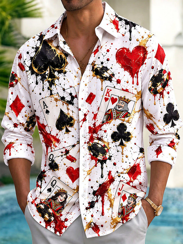 Adaychic Men's Printed Playing Cards And Poker Chips Print Long Sleeve Shirt with Chest Pocket