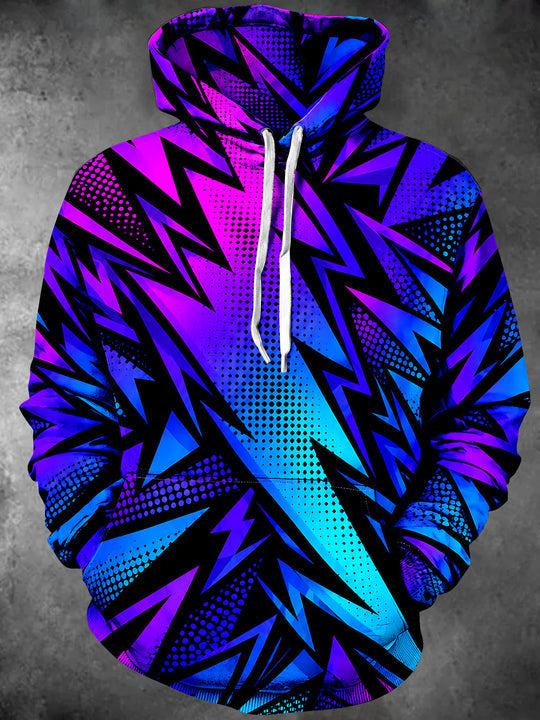 Adaychic Men's Long Sleeve Hoodie - Geometric Lightning Bolts And Halftone Dots Print