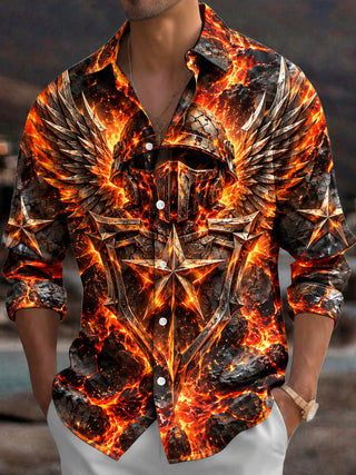 Adaychic Men's Lava And Winged Helmet With Stars Print Long Sleeve Shirt with Chest Pocket