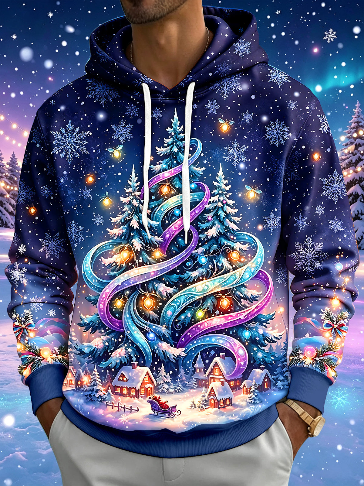 Adaychic Men's Christmas Tree And Winter Village Print Long Sleeve Hoodie