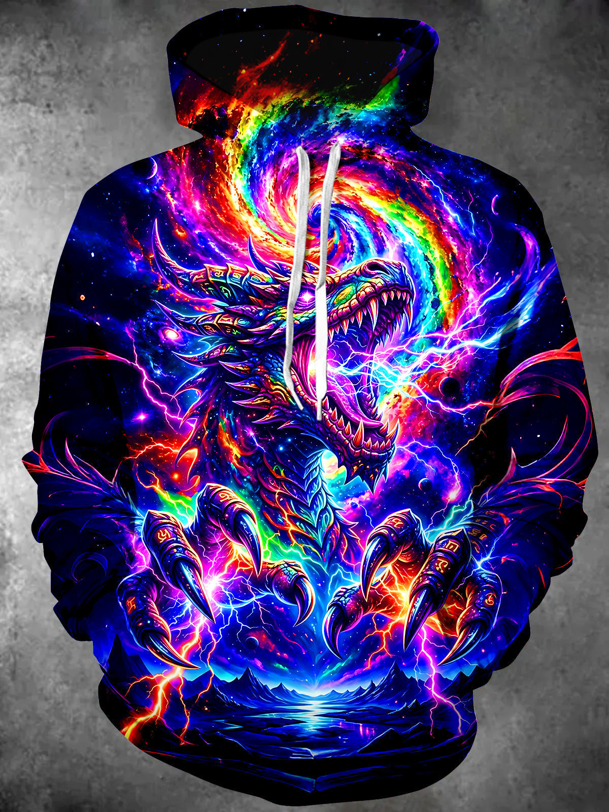 Adaychic Men's Neon Cosmic Dragon With Lightning Print Long Sleeve Hoodie