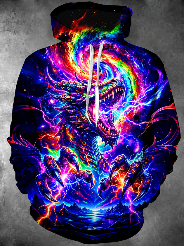 Adaychic Men's Neon Cosmic Dragon With Lightning Print Long Sleeve Hoodie