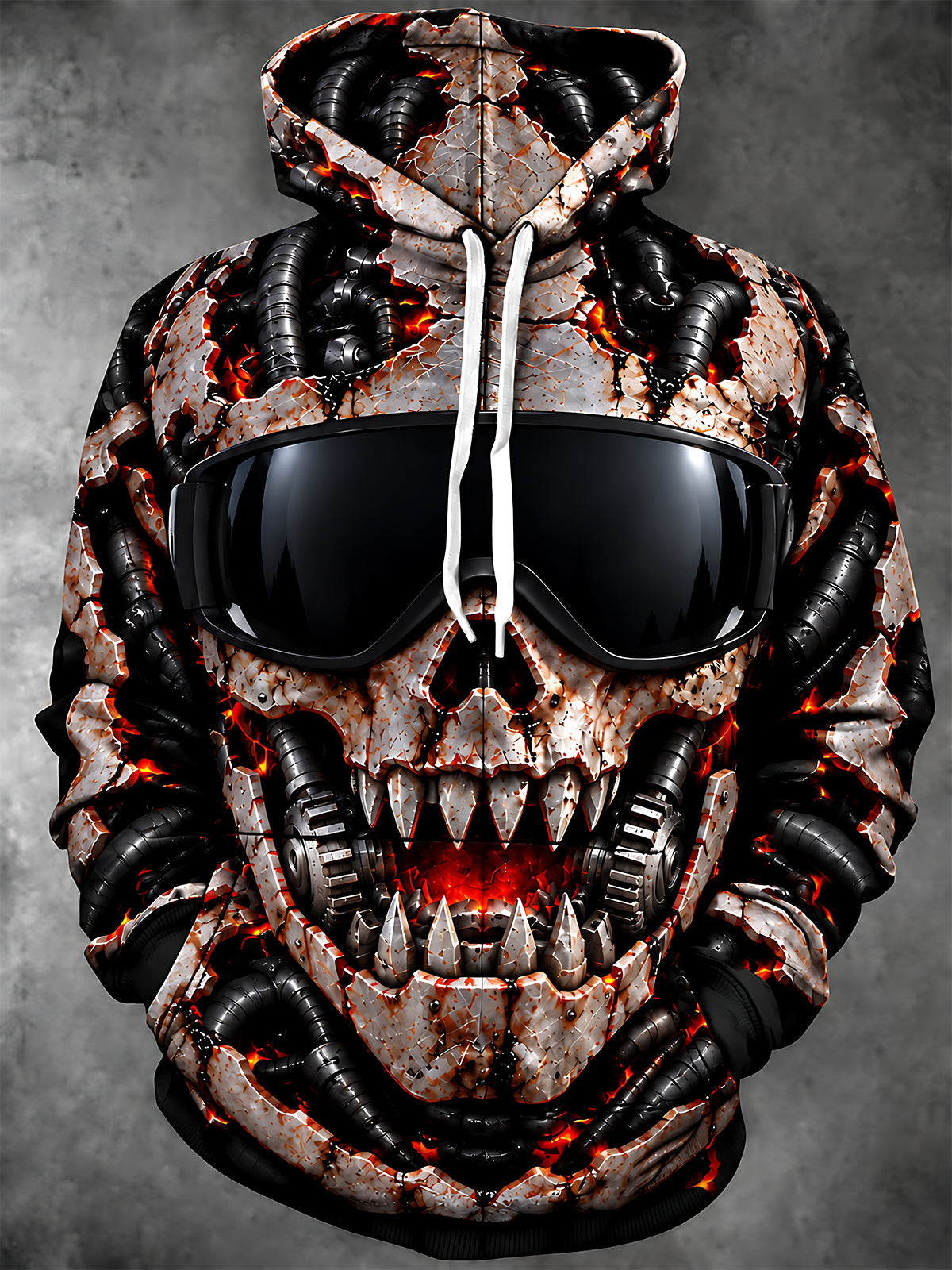 Adaychic Men's Long Sleeve Hoodie - Mechanical Skull With Lava Cracks And Goggles Print
