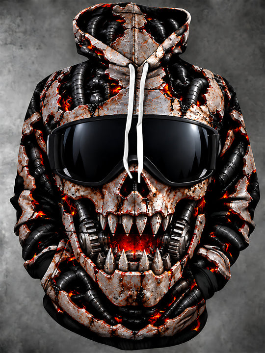 Adaychic Men's Long Sleeve Hoodie - Mechanical Skull With Lava Cracks And Goggles Print